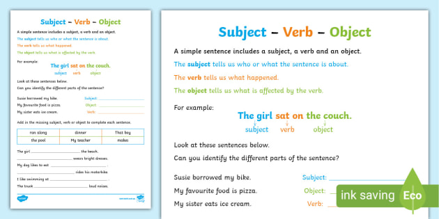 Subject Verb Object Exercises With Answers PDF | Primary