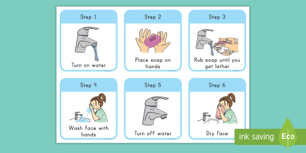 Washing Face Step-by-Step Instructions - water, soap, rinse, hands, sink