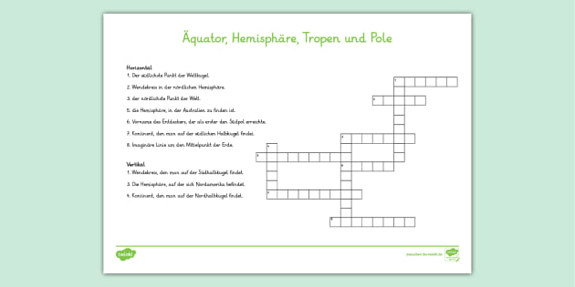 Kreuzwortrtsel: quator, Hemisphre, Tropen und Pole - Arbeitsblatt