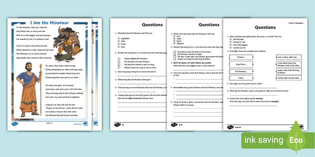 Uks2 'i Am The Minotaur' Poetry Differentiated Reading Comprehension 