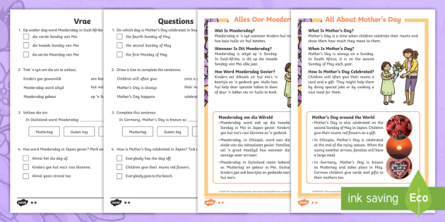 mother s day differentiated reading comprehension activity english afrikaans
