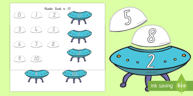Number Bonds to 10 (Alien Spaceship) Matching Cut-Outs