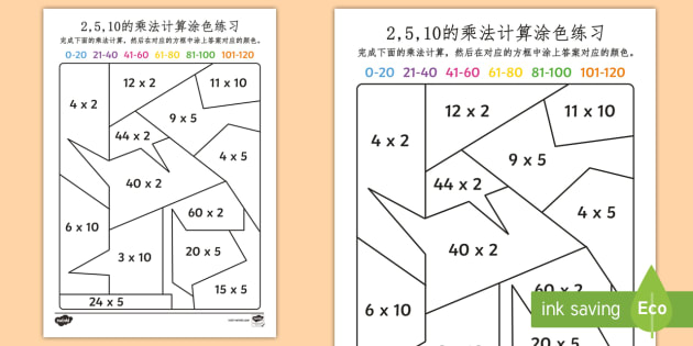 2 5 10的乘法计算涂色练习 乘法 2 5 10 乘法练习