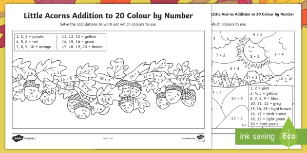 Little acorns addition to 20 colour by number teacher made 