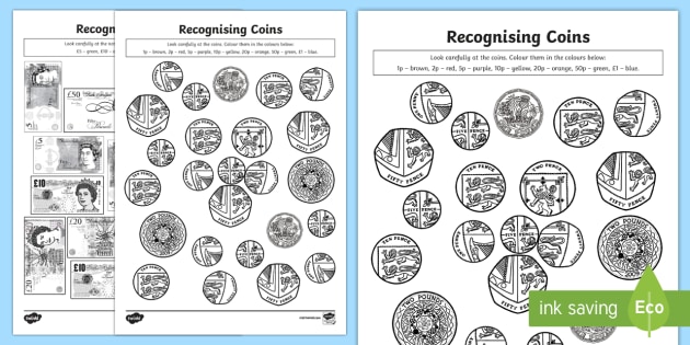 Download Recognising Coins and Notes Colouring Pages (teacher made)