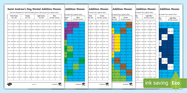 St Andrew&#x27;s Day Mental Calculations Maths Mosaic Worksheets