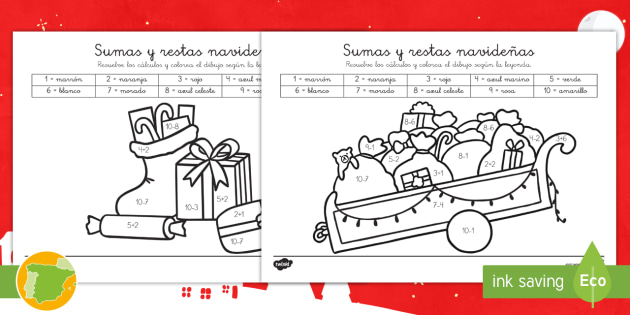 Colorear con números: Sumas y restas - Navidad - Twinkl