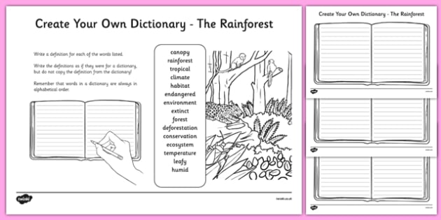 Rainforest Vocabulary Create Your Own Dictionary Worksheet