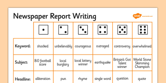 Newspaper Report Writing Dice Activity - writing aid, template