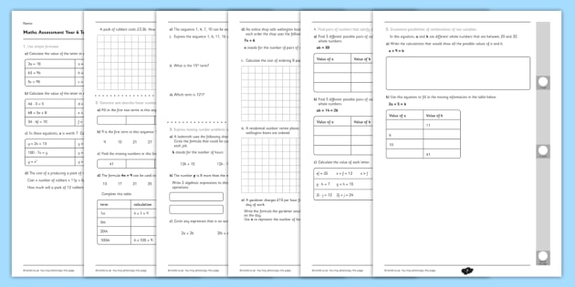 Year 6 Maths Algebra Assessment Questions Term 3