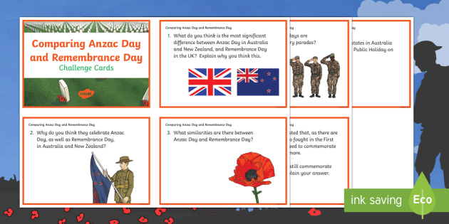 Comparing Anzac Day and Remembrance Day Challenge Cards - KS1&KS2 ANZAC day