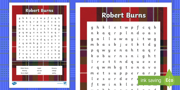 Robert Burns Word Search - Scottish, Scotland, significant individuals