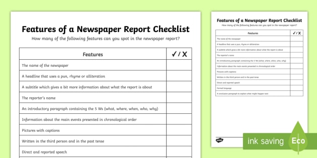 Features Of A Newspaper Article Checklist Twinkl