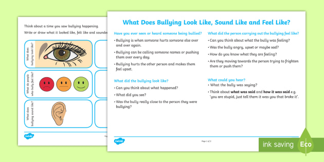 What Does Bullying Look, Feel And Sound Like? Worksheet