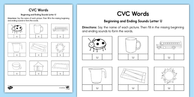 CVC Words Beginning and Ending Sounds Letter U Worksheet