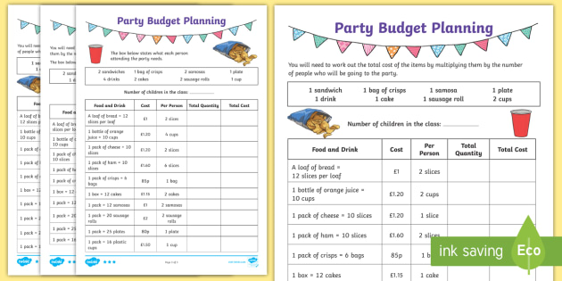 lks2 party budget planning differentiated worksheet worksheets