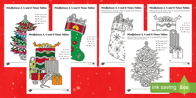 christmas themed mindfulness times table worksheet