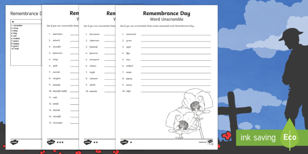 Remembrance Day Word Unscramble Teacher Made