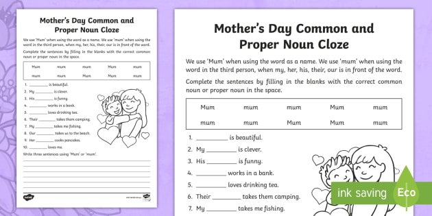 Mother s Day Common Noun And Proper Noun Cloze Worksheet