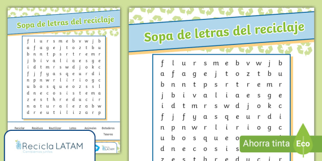 Sopa de letras para niños Reciclaje Twinkl Colombia