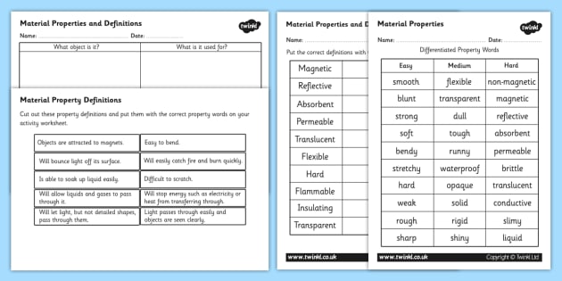 Material Properties and Definition Activity - materials
