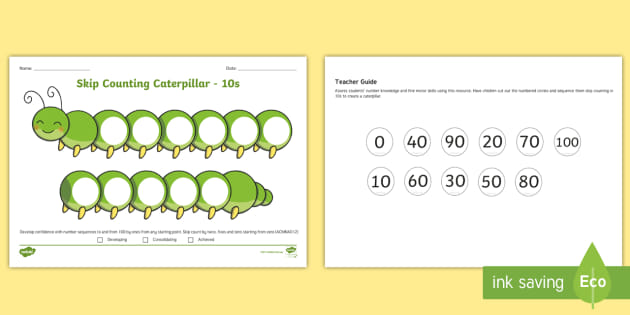 skip counting by 10s caterpillar assessment sheet