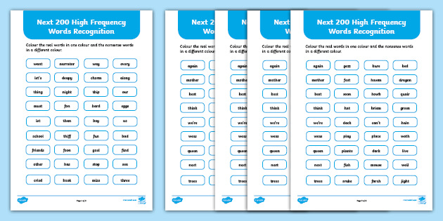 Next 200 High Frequency Words Recognition Activity Sheets