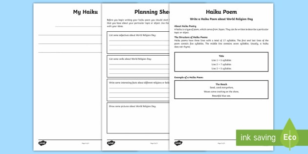 KS2 Write a World Religion Day Haiku Poem Worksheet / Worksheet