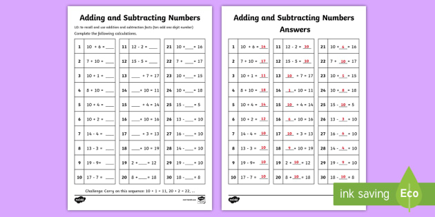 Number Facts To 20 Facts Ten Add One Digit Number Worksheet