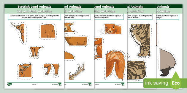 Scottish Animals Cut and Stick Activity Sheets | Twinkl