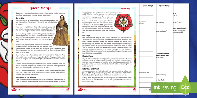 UKS2 Queen Mary I Differentiated Reading Comprehension Activity