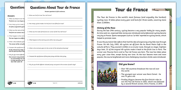 KS2 Tour De France Differentiated Reading Prehension