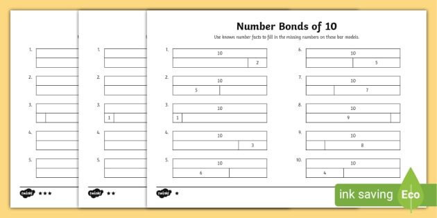 Bar Modeling Number Bonds To 10 Differentiated Worksheet Worksheet Pack 0354