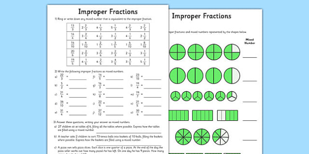 Improper Fractions Worksheets - improper fractions, worksheets
