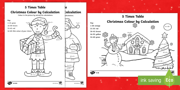 5 times table christmas colourcalculation activity sheets