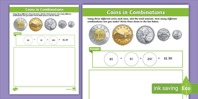 adding canadian coins in combinations worksheet