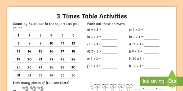 3 Times Table Worksheet / Worksheet - Multiplication, Times Table, 3 Times
