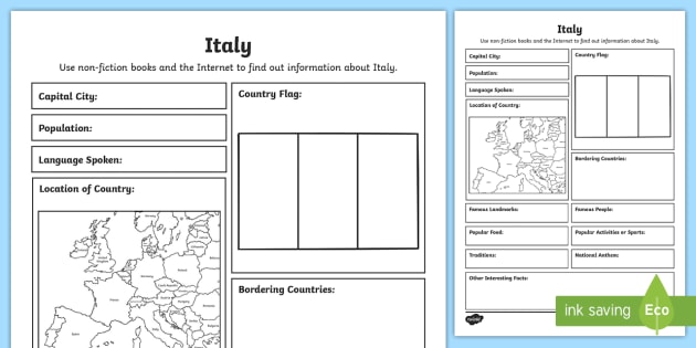 Italy Fact File For Kids Writing Template Sese Geography