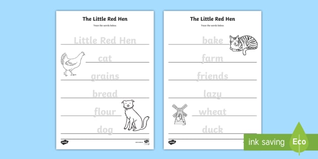 the little red hen trace the words worksheets