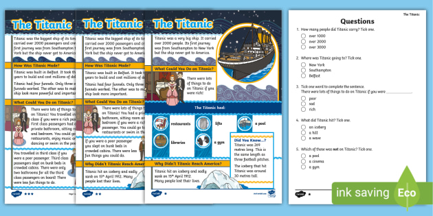 KS1 The Titanic Disaster Differentiated Reading Comprehension Activity