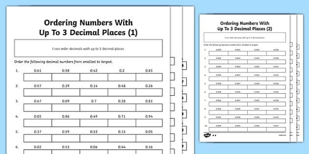 Ordering Decimals Up to 3 Places Worksheet - KS2 Resource