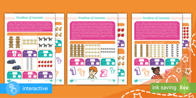 fractions of amounts year 2 differentiated worksheets