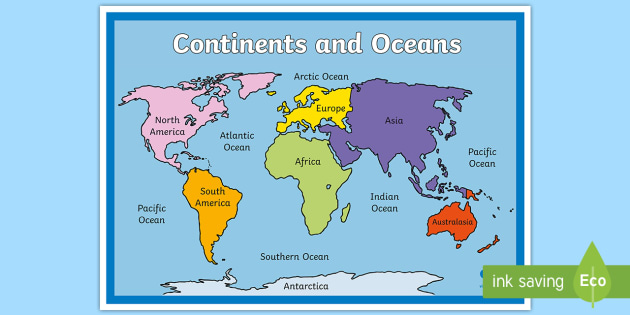 Map Of The World With Continents And Oceans Labeled