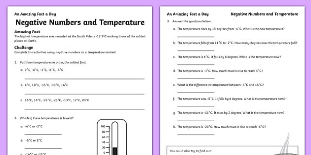 Positive And Negative Numbers Thermometer Worksheet