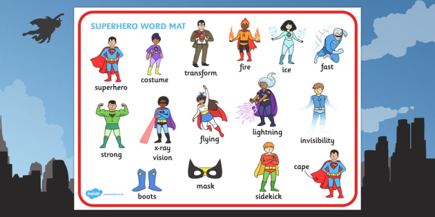 Superhero Word Mat - Superheroes, word mat, mat, writing aid
