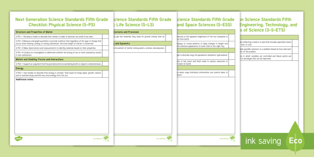 Next Generation Science Standards Fifth Grade Checklist