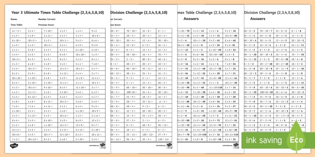 Year 3 Times Table and Division Challenge Sheet