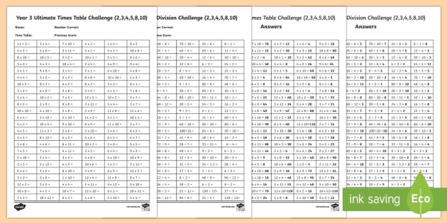 Year 3 Times Table and Division Challenge Sheet - Twinkl