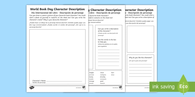 world book day character description worksheet english spanish