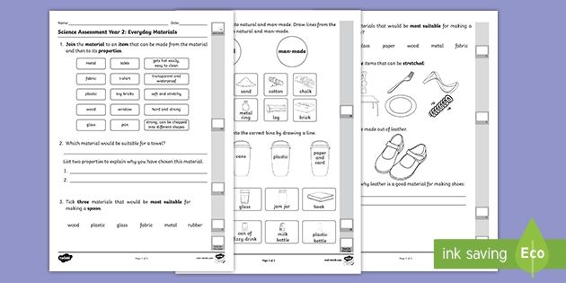 year 2 uses of everyday materials end of unit assessment sheet